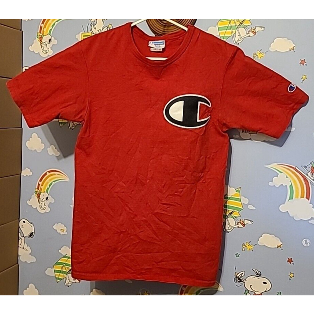 VTG 2000s Champion T Shirt Adult Size Small Red Big Logo Patch Y2K
